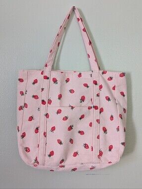 Pink Corduroy Style Strawberry Print Zip Closure Tote Handbag